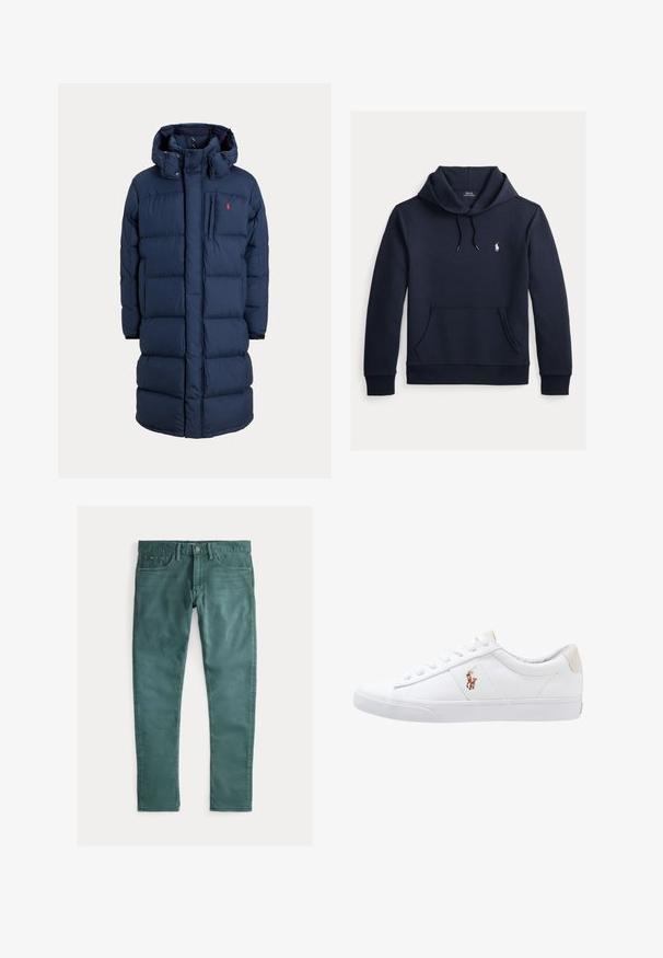 Marineblauwe lange donsjas met capuchon, ritssluiting aan de voorkant, drukknoopjes, zijzakken en klein rood logo op de borst.; Donker marineblauwe hoodie met voorkangoeroezak, capuchon met trekkoord, lange mouwen en klein wit Polo Ralph Lauren-logo op de borst.; Groene katoenen jeans met een slim fit. Voorzien van twee voorkbuizen, een rits en contrasterende stiksels. Gladde textuur, uniforme kleur.; Witte canvas sneakers met een laag ontwerp, featuring een beige hieltab en een klein geborduurd logo aan de zijkant. Rubber zool.