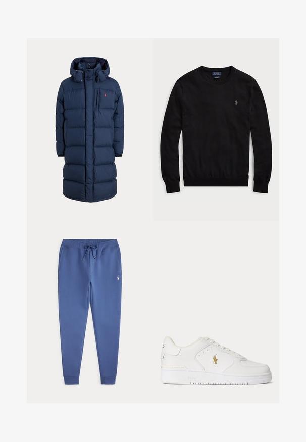 Marineblauwe lange donsjas met capuchon, ritssluiting aan de voorkant, drukknoopjes, zijzakken en klein rood logo op de borst.; Zwart katoenen sweater met lange mouwen, geribbelde manchetten en zoom, ronde halslijn en een klein geborduurd logo op de borst. Eenvoudig ontwerp.; Blauwe joggingsbroek met een tailleband met trekkoord, zijzakken, cuffed enkels en een klein wit geborduurd logo op de rechterdij.; Witte lage leren sneaker met witte veters en een gouden Polo Ralph Lauren-logo aan de zijkant en "Polo" in de zool gegraveerd.