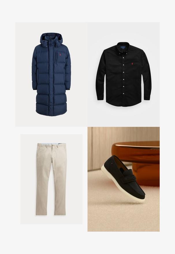 Marineblauwe lange donsjas met capuchon, ritssluiting aan de voorkant, drukknoopjes, zijzakken en klein rood logo op de borst.; Zwarte lange mouw knoopshirt van katoen, met een klassieke kraag en een rood geborduurd logo op de linkerborst. Witte knopen aanwezig.; Beige katoenen broek met rechte pijpen, voorzakken, riemlussen, knoopsluiting en ritssluiting, plat liggend op een witte achtergrond.; Zwarte suède loafer met witte zool die boven een beige tapijt zweeft, bruine ronde tafel op de achtergrond in een zacht verlichte kamer.