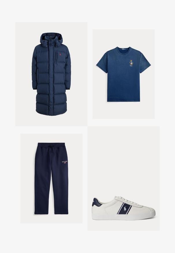 Marineblauer langer Steppmantel mit Kapuze, Frontreißverschluss, Druckknöpfen, Seitentaschen und kleinem roten Logo auf der Brust.; Marineblaues T-Shirt mit kurzen Ärmeln und Rundhalsausschnitt, mit einem kleinen bestickten Bären in Jacke, der auf einem Stuhl über dem Wort „POLO“ auf der Brust sitzt.; Dunkelblaue Sweatpants aus weichem Stoff, mit elastischem Bund und Kordelzug sowie einem roten "POLO SPORT"-Logo an der Seite.; Weißer niedriger Sneaker mit dunkelblauem Streifen und Logo an der Seite sowie dunkelblauer Fersenschlaufe, flacher weißer Sohle und weißen Schnürsenkeln.