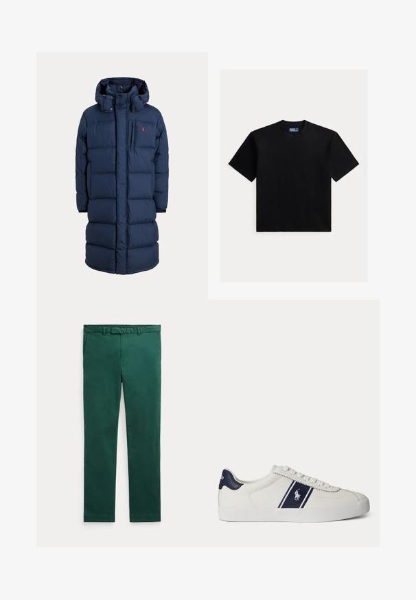 Navyblå lang dynejakke med hætte, frontlynlås, trykknapper, sidelommer og lille rødt logo på brystet.; Enkelt sort T-shirt med korte ærmer og rund halsudskæring med et lille Polo Ralph Lauren-mærke indeni kraven på en hvid baggrund.; Mørkegrønne bukser med lige ben, bæltestropper, sidelommer og frontlynlås på ensartet lyst baggrund.; Hvid lav sneakers med mørkeblå stribe og logo på siden samt mørkeblå hælkappe, flad hvid sål og hvide snørebånd.