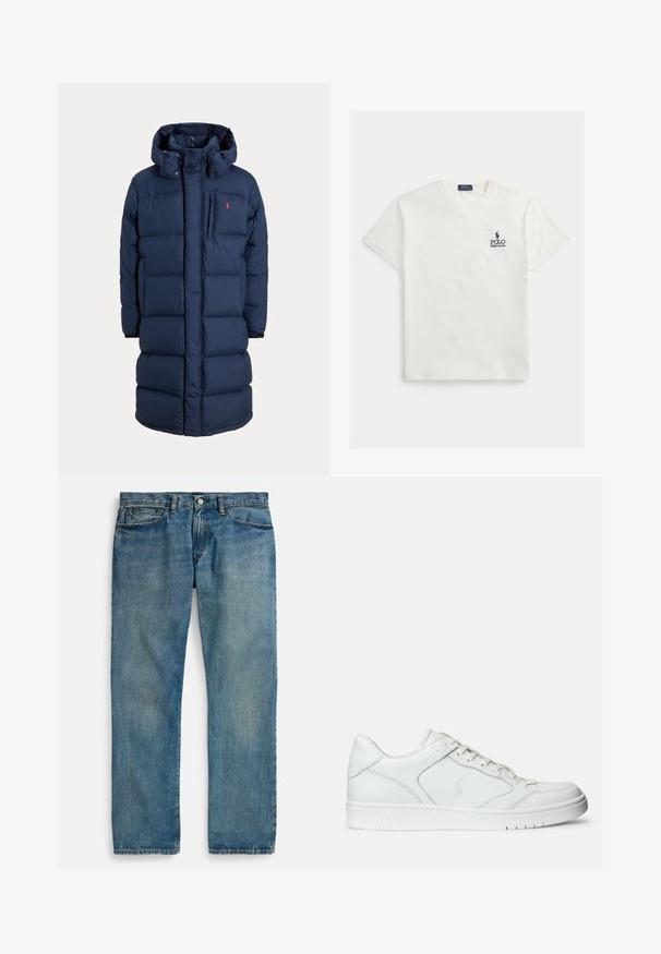 Marineblauer langer Steppmantel mit Kapuze, Frontreißverschluss, Druckknöpfen, Seitentaschen und kleinem roten Logo auf der Brust.; Weißes Baumwoll-T-Shirt mit kurzen Ärmeln. Auf der linken Brust sind ein marineblaues Logo und Text zu sehen. Klassisches Rundhals-Design. Glatte Textur.; Hellblaue Jeans aus Denim mit geradem Bein, fünf Taschen, Knopfverschluss und dezenter Used-Optik für mehr Textur.; Weißer Ledersneaker mit glatter Textur, ausgestattet mit einer perforierten Zehenpartie, Schnürverschluss und gesticktem Logo an der Seite. Weiße Gummisohle.