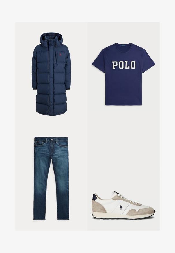 Navyblå lang dynejakke med hætte, frontlynlås, trykknapper, sidelommer og lille rødt logo på brystet.; Mørkeblå t-shirt lavet af bomuld, med et stort "POLO" grafik i hvid, rund halsudskæring og korte ærmer.; Mørkeblå slim-fit jeans med frontknap og lynlås, fem lommer og subtil falmen på forreste lår og knæ.; Hvide og beige ruskinds sneakers med sort gummisål og Polo-logo på siden, set fra den ydre side mod en hvid baggrund.
