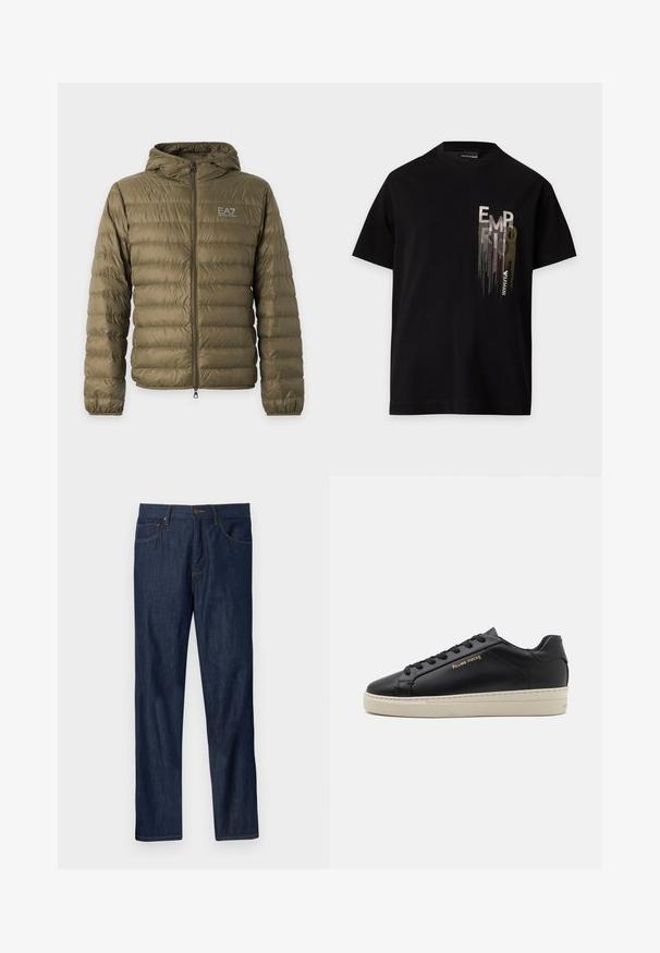 Doudoune matelassée vert olive avec capuche, fermeture éclair intégrale à l'avant, poignets élastiques et logo blanc EA7 Emporio Armani sur la poitrine gauche.; T-shirt noir à manches courtes avec un logo vertical métallique argenté et doré "EMPORIO ARMANI" sur la partie gauche de la poitrine.; Jean droit en denim bleu foncé avec poches avant, passants pour ceinture et fermeture par bouton sur un fond gris clair.; Sneaker en cuir noir avec une finition lisse, semelle crème contrastante, bout arrondi, logo doré sur le côté et six œillets pour les lacets.