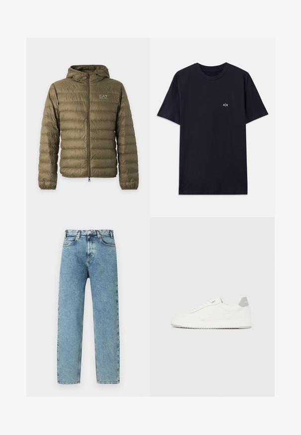 Doudoune matelassée vert olive avec capuche, fermeture éclair intégrale à l'avant, poignets élastiques et logo blanc EA7 Emporio Armani sur la poitrine gauche.; T-shirt en coton bleu marine à manches courtes et col rond. Présente un petit logo blanc "A|X" sur le côté gauche de la poitrine.; Jeans en denim bleu clair avec une coupe droite, cinq poches et fermeture par bouton en laiton. Le tissu présente une texture légèrement usée et un aspect délavé.; Baskets basses blanches avec un onglet de talon gris, des lacets blancs et une semelle texturée, présentées sur un fond uni clair.