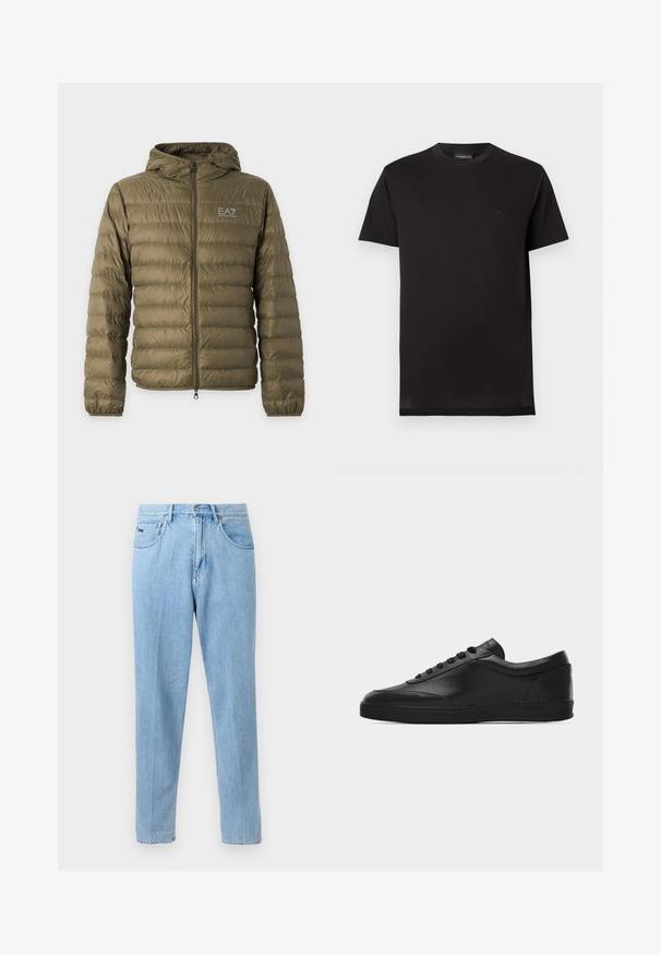 Doudoune matelassée vert olive avec capuche, fermeture éclair intégrale à l'avant, poignets élastiques et logo blanc EA7 Emporio Armani sur la poitrine gauche.; T-shirt noir uni à manches courtes avec col rond et petit logo noir sur la poitrine gauche, sur fond blanc.; Jean en denim bleu clair à coupe droite avec poches avant, passants de ceinture et fermeture à bouton sur un fond neutre.; Baskets basses en cuir noir avec lacets sur le devant et semelle en caoutchouc plate, vues de côté sur un fond blanc uni.