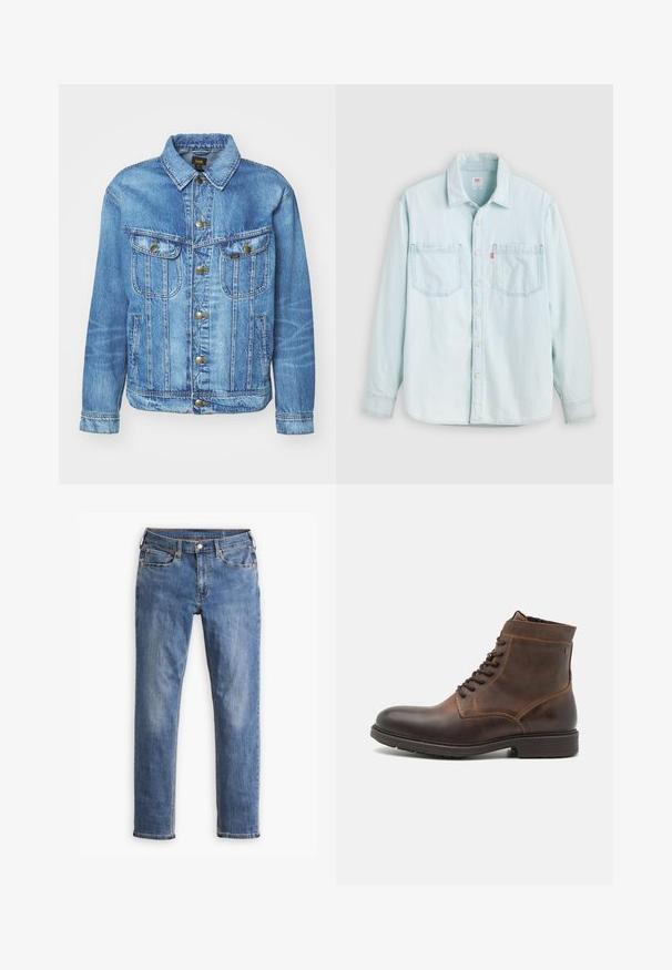 Chaqueta de mezclilla azul claro con un diseño clásico, con cierre de botones, dos bolsillos en el pecho y cuello con solapa. Textura suave, estilo casual.; Camisa vaquera de manga larga azul claro con botones en la parte frontal, dos bolsillos en el pecho y cuello, mostrada sobre un fondo claro y liso.; Jeans de mezclilla slim-fit en color azul con cinco bolsillos y cierre de botón, mostrando un ligero desgaste en los muslos y las rodillas, exhibidos sobre un fondo blanco.; Jack & Jones JFWDELANEY BOOT - Botines con cordones - cognac