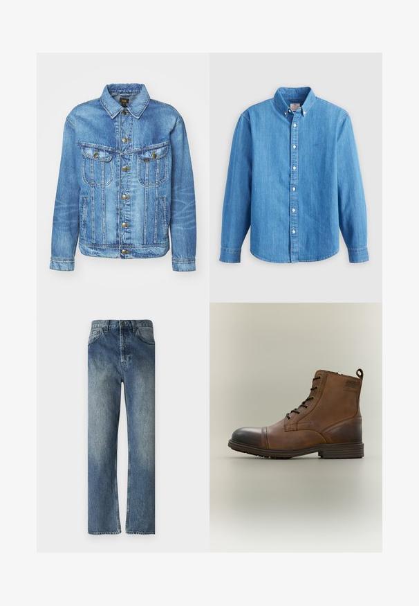 Chaqueta de mezclilla azul claro con un diseño clásico, con cierre de botones, dos bolsillos en el pecho y cuello con solapa. Textura suave, estilo casual.; Camisa de mezclilla azul claro con mangas largas, cuello abotonado y botones blancos. Presenta un pequeño logo bordado en el pecho.; Jeans de mezclilla azul con corte recto, que presentan un lavado desgastado, lazos para cinturón, bolsillos frontales y un solo bolsillo trasero.; Bota de cuero marrón con cordones hasta el tobillo, puntera negra, suela redonda y detalle de marca en el lateral sobre un fondo liso.