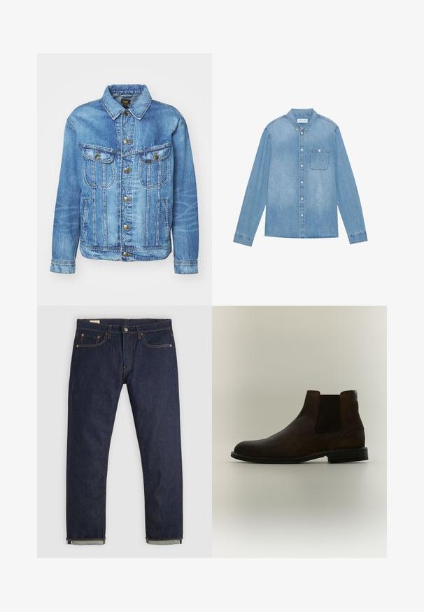 Veste en denim bleu clair au design classique, avec fermeture à boutons, deux poches poitrine et col classique. Texture douce, style décontracté.; Chemise en denim bleu clair à boutons, manches longues, col pointu, poche poitrine unique et décoloration subtile sur le tissu.; Jean en denim bleu foncé à coupe droite avec revers roulés, design cinq poches, rivets en cuivre et fermeture par bouton sur fond uni.; Bottine Chelsea en daim marron foncé avec panneau latéral élastique noir et petit talon noir sur fond beige uni.
