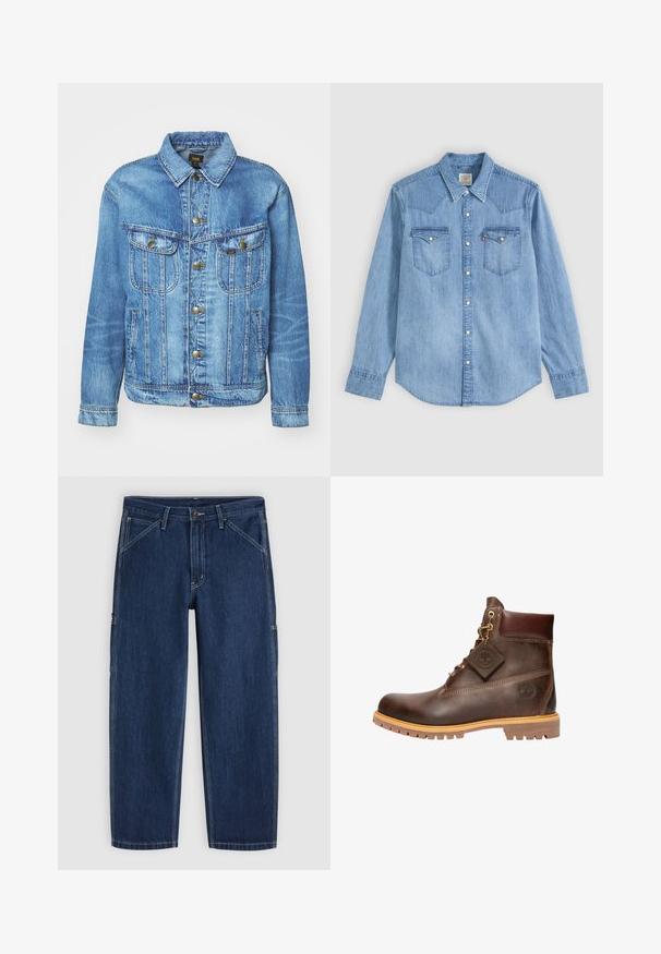 Chaqueta de mezclilla azul claro con un diseño clásico, con cierre de botones, dos bolsillos en el pecho y cuello con solapa. Textura suave, estilo casual.; Camisa vaquera azul claro de manga larga con cuello puntiagudo, dos bolsillos en el pecho con solapas y botones automáticos blancos en el frente.; Vaqueros de mezclilla azul oscuro de corte recto, con cierre frontal de botón y cremallera, bolsillos delanteros en ángulo y costuras blancas visibles.; Botín de cuero marrón hasta el tobillo con punta redonda, suela resistente, herrajes en tono dorado y parte superior texturizada. Incluye una etiqueta con el logo adjunta.