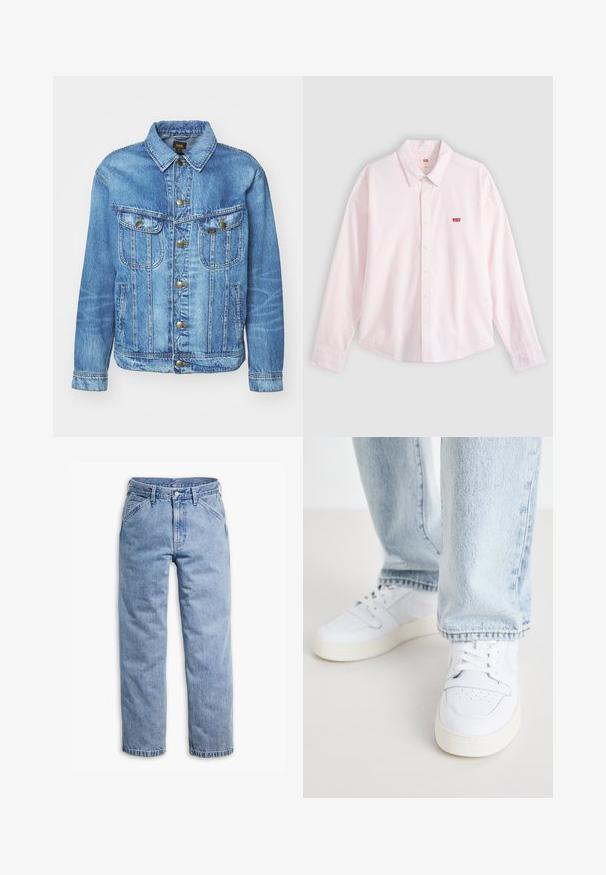 Veste en denim bleu clair au design classique, avec fermeture à boutons, deux poches poitrine et col classique. Texture douce, style décontracté.; Chemise rose clair à manches longues, boutonnée avec col et étiquette rouge du logo Levi's sur la poitrine gauche, présentée sur un fond uni.; Jean en denim bleu clair à jambes droites avec fermeture avant par boutons et fermeture éclair, passants de ceinture, et poches avant inclinées.; Baskets basses en cuir blanc avec un bout perforé, des lacets plats et un design minimaliste. Associées à un jean en denim bleu clair.