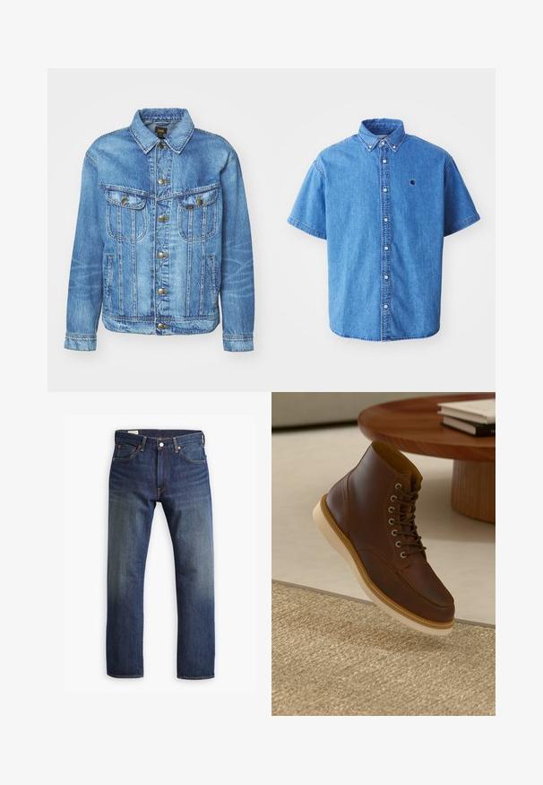 Chaqueta de mezclilla azul claro con un diseño clásico, con cierre de botones, dos bolsillos en el pecho y cuello con solapa. Textura suave, estilo casual.; Camisa de mezclilla de manga corta en azul claro con cuello abotonado, que cuenta con un logo en el pecho y detalles de costura notables.; Jeans de mezclilla azul oscuro con un diseño de pierna recta, que cuentan con un estilo clásico de cinco bolsillos, cierre de botón metálico y costuras visibles.; Botín de cuero marrón con suela beige sobre una alfombra beige texturizada al lado de una mesa redonda de madera con libros apilados.