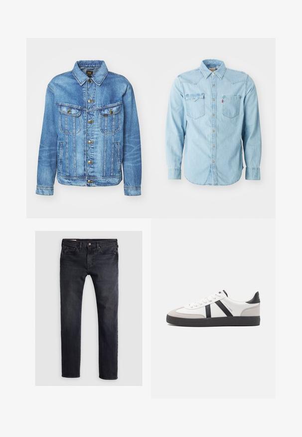 Chaqueta de mezclilla azul claro con un diseño clásico, con cierre de botones, dos bolsillos en el pecho y cuello con solapa. Textura suave, estilo casual.; Camisa de denim azul clara de manga larga con cuello puntiagudo, dos bolsillos en el pecho, botones de presión plateados y costuras en contraste. Textura suave.; Jeans de mezclilla azul oscuro con un corte recto, que cuentan con un cierre frontal de botón, diseño de cinco bolsillos y zonas sutilmente desgastadas.; Zapatilla blanca con acentos en negro y gris, que presenta una puntera texturizada en gris, suela de goma negra y cordones planos blancos. Diseño limpio, estilo minimalista.
