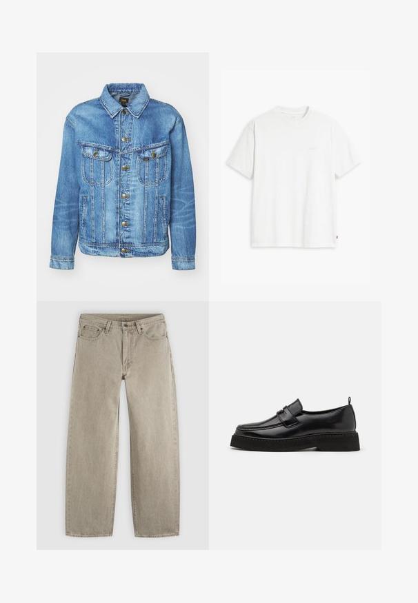 Chaqueta de mezclilla azul claro con un diseño clásico, con cierre de botones, dos bolsillos en el pecho y cuello con solapa. Textura suave, estilo casual.; Camiseta de algodón blanca con mangas cortas, cuello redondo y un sutil logo "Levi's" impreso en color claro en la parte frontal.; Vaqueros beige de pierna recta con bolsillos delanteros, trabillas para cinturón, cierre de botón y costuras visibles sobre un fondo claro y liso.; Zapatos estilo mocasín de cuero negro con suela plana y texturizada, con puntera cosida y una correa a lo largo del empeine.