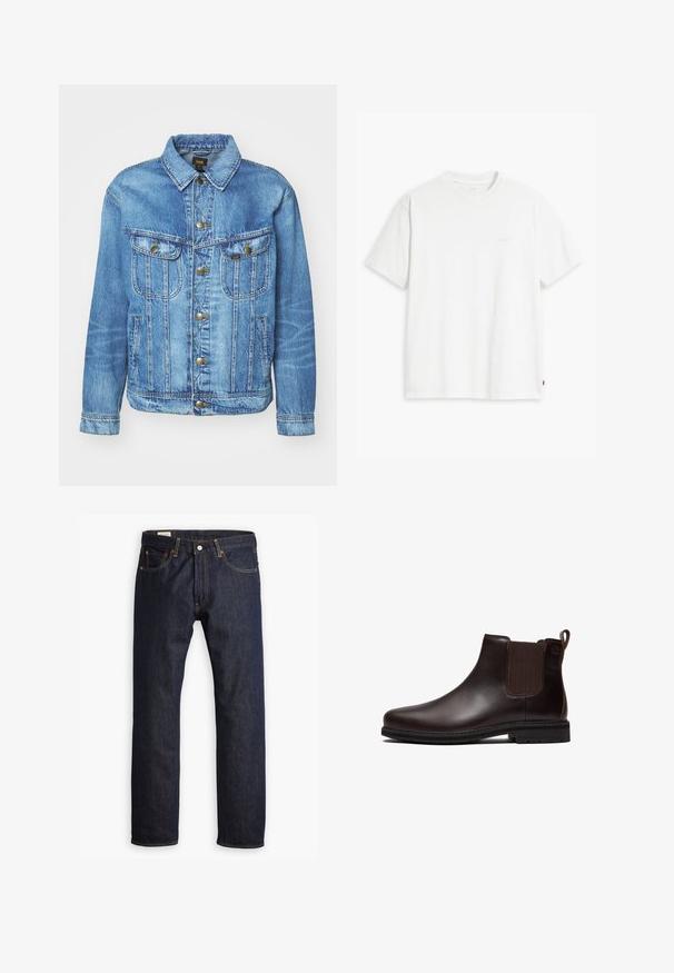 Veste en denim bleu clair au design classique, avec fermeture à boutons, deux poches poitrine et col classique. Texture douce, style décontracté.; T-shirt en coton blanc à manches courtes, col rond, avec un logo "Levi's" discret imprimé en couleur claire sur le devant.; Jean en denim bleu marine présentant une coupe droite, des coutures orange et un style à cinq poches avec une fermeture à bouton en métal.; Bottine Chelsea en cuir marron foncé avec panneau latéral élastique, languette au talon et semelle en caoutchouc noire, vue de profil.