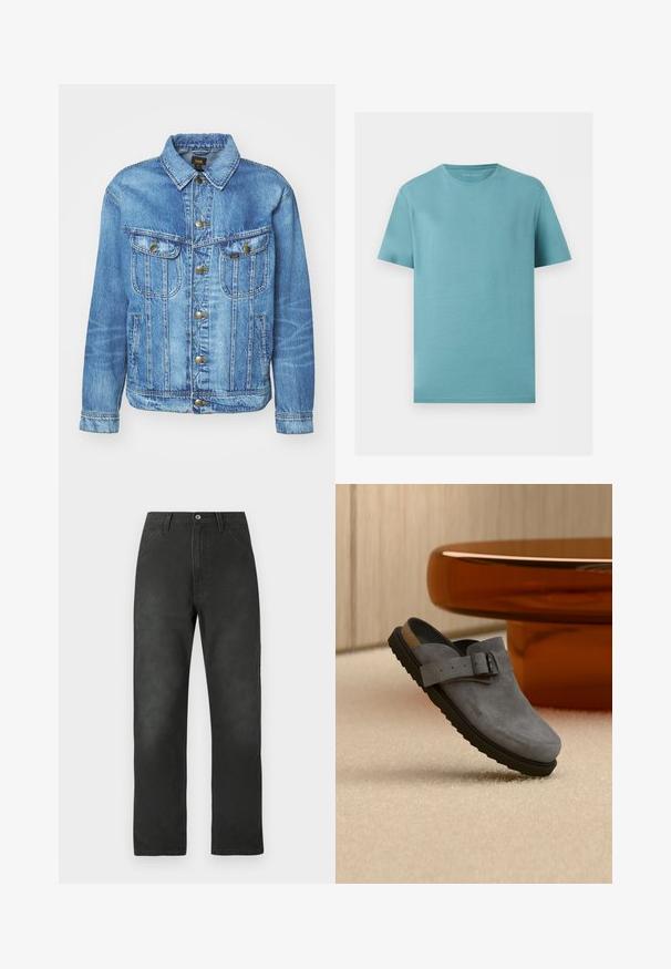 Hellblauer Denimjacke im klassischen Design, mit Knopfverschluss, zwei Brusttaschen und einem Kragen. Weiche Textur, lässiger Stil.; Einfarbig hellblaues T-Shirt mit kurzen Ärmeln und Rundhalsausschnitt, flach auf weißem Hintergrund dargestellt.; Schwarze Baumwoll-Canvas-Hose mit geradem Bein, Fronttaschen und Knopfverschluss. Verfügt über dezente Textur- und Nahtdetails.; Grauer Wildleder-Slipper-Clog mit schwarzer Sohle und verstellbarem Schnallenriemen, liegend auf beigem Teppich nahe einem abgerundeten braunen Tischbein.