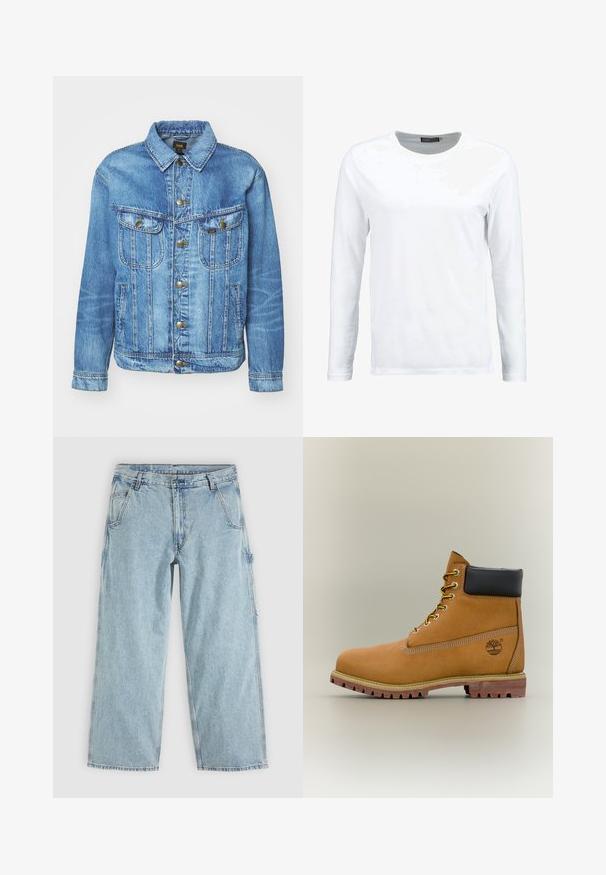 Veste en denim bleu clair au design classique, avec fermeture à boutons, deux poches poitrine et col classique. Texture douce, style décontracté.; T-shirt blanc à manches longues en coton, avec un col rond et une texture lisse. Sans motifs ni accents. Design simple.; Jean denim droit bleu clair avec poches avant, passants de ceinture, fermeture par boutons et une boucle latérale pour outils.; Bottine en cuir marron avec col noir, lacets jaunes et semelle beige. Présente un logo et des détails de couture blanche. Semelle extérieure à traction robuste.