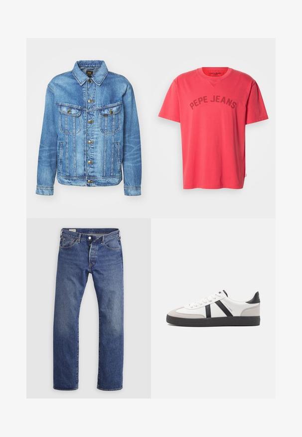 Veste en denim bleu clair au design classique, avec fermeture à boutons, deux poches poitrine et col classique. Texture douce, style décontracté.; T-shirt en coton corail à manches courtes et col rond. Présente l'inscription "PEPE JEANS" imprimée en lettres foncées sur la poitrine.; Jean en denim bleu à coupe droite, design classique à cinq poches et fermeture à boutons sur un fond uni.; Baskets blanches avec des accents noirs et gris, présentant un embout texturé gris, une semelle en caoutchouc noir et des lacets plats blancs. Design épuré, style minimaliste.