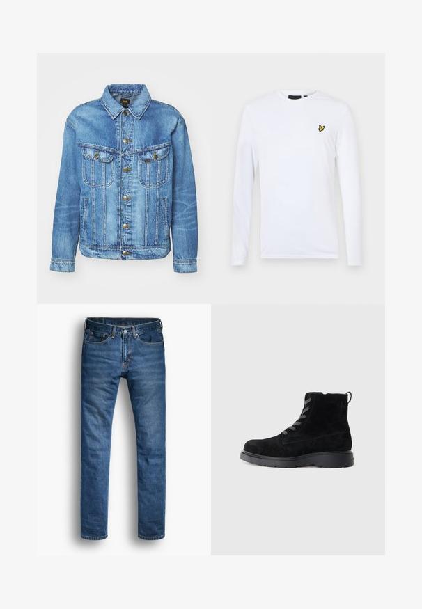 Hellblauer Denimjacke im klassischen Design, mit Knopfverschluss, zwei Brusttaschen und einem Kragen. Weiche Textur, lässiger Stil.; Langärmliges weißes Hemd aus Baumwolle mit einem kleinen gelben gestickten Logo auf der linken Brust. Einfaches Design mit Rundhalsausschnitt.; Blaue Jeans aus Denim mit geradem Schnitt. Merkmale sind fünf Taschen, ein Knopfverschluss und kontrastierende orangefarbene Nähte an den Nähten.; Schwarze Wildleder-Stiefeletten mit einer strukturierten Oberfläche, runder Zehenpartie, grauen Schnürsenkeln und einer stabilen schwarzen Sohle. Verfügt über eine kleine Zuglasche an der Rückseite.