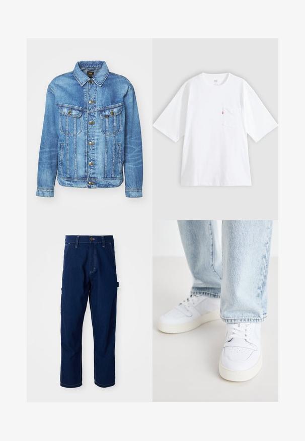 Veste en denim bleu clair au design classique, avec fermeture à boutons, deux poches poitrine et col classique. Texture douce, style décontracté.; T-shirt en coton blanc à manches courtes, col rond et poche poitrine gauche. Comprend une petite étiquette logo rouge sur la poche.; Pantalons de travail en denim bleu foncé à jambes droites avec des coutures blanches, passants de ceinture, poches avant, et une boucle utilitaire sur le côté, sur un fond blanc.; Baskets basses en cuir blanc avec un bout perforé, des lacets plats et un design minimaliste. Associées à un jean en denim bleu clair.