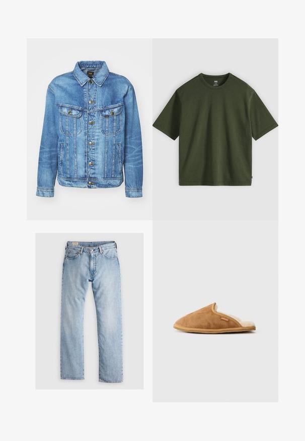 Chaqueta de mezclilla azul claro con un diseño clásico, con cierre de botones, dos bolsillos en el pecho y cuello con solapa. Textura suave, estilo casual.; Camiseta lisa de color verde oscuro de manga corta con cuello redondo y una pequeña etiqueta roja en la costura lateral izquierda, exhibida sobre un fondo claro.; Jeans de mezclilla azul claro con corte recto, diseño de cinco bolsillos, sutiles desgastes y costuras a contraste. Cierre de botón y cremallera.; Zapatilla de ante marrón con un suave forro crema, diseño de parte trasera abierta y suela de goma beige. Presenta una pequeña etiqueta en la parte superior.