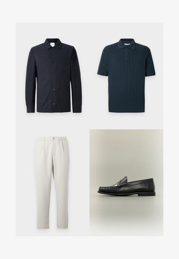 Mørkeblå knap-op langærmet jakke med krave og en brystlomme på ensartet lys baggrund.; Mørkeblå kortærmet poloshirt med ribbet tekstur, der har en krave og slidse med tre knapper.; Lyse beige bukser med løs pasform og let skær, med elastisk talje, forlommer og et taperet ben design.; Sort læder herresko med moc-toe-design, penny-rem og lav hæl på en neutral baggrund.