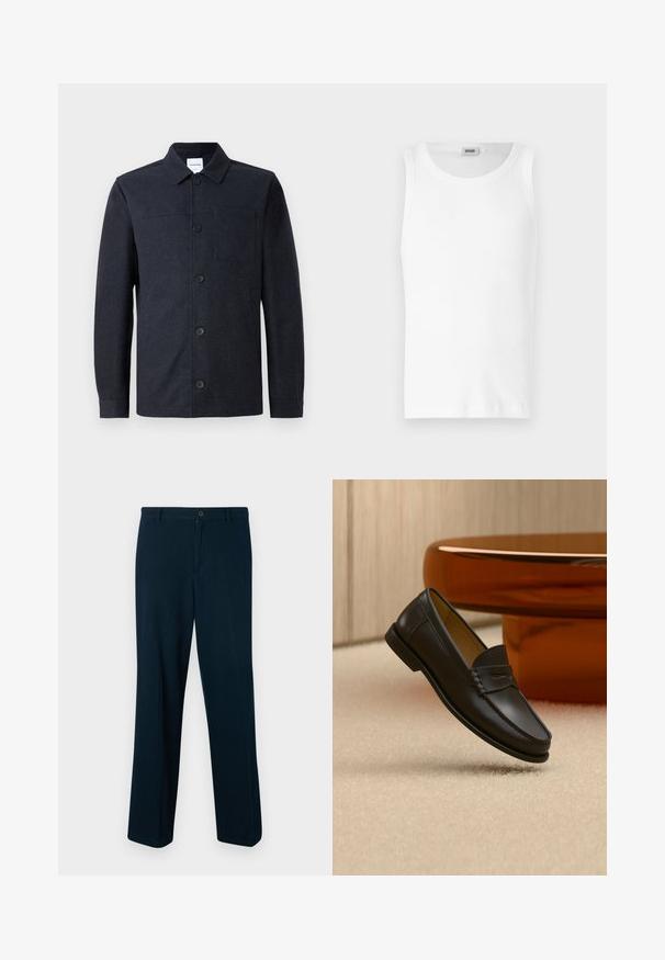 Chaqueta de manga larga abotonada de color azul marino oscuro con cuello y un bolsillo en el pecho sobre un fondo liso y claro.; Camiseta sin mangas de algodón blanco con cuello redondo y una textura suave. Diseño sencillo, sin patrones ni acentos.; Pantalones azul marino confeccionados en tela suave, con cierre de botón, diseño de pierna recta y detalles mínimos.; Zapato mocasín de cuero negro suspendido sobre una alfombra beige con muebles modernos de color ámbar en el fondo.