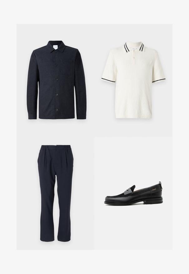 Chaqueta de manga larga abotonada de color azul marino oscuro con cuello y un bolsillo en el pecho sobre un fondo liso y claro.; Camisa polo de manga corta en tejido texturizado color blanco roto, con un cuello de punto con dos rayas negras y una tapeta con tres botones.; Pantalones azul marino hechos de una tela suave con una cinturilla elástica, que cuentan con pliegues frontales y un diseño de pierna recta.; Mocasín de cuero negro con detalle de tira gris, tacón bajo y suela texturizada, con la marca "HUGO" en oro en el lateral.