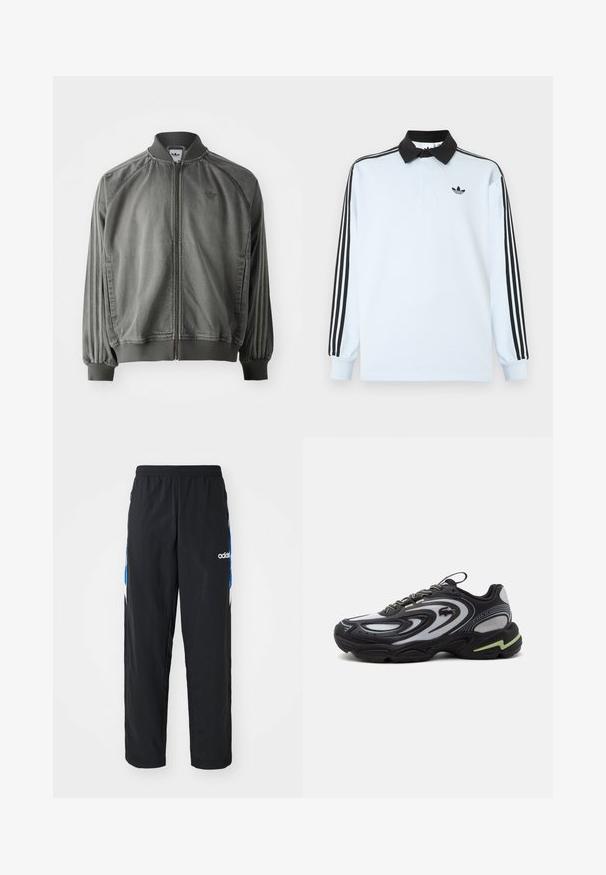 Grå sportsjakke med ribbet krave og manchetter, lynlås i fuld længde, sidelister og et lille logo på brystet. Blød tekstur.; Lyseblå langærmet poloshirt med sort krave, tre sorte striber på ærmerne og et lille sort logo på brystet.; Sorte træningsbukser med elastisk talje, prydet med blå og hvide grafiske detaljer på siderne og et broderet logo.; Sort og grå Lacoste Storm 2K sneaker med bølgemønstre, snøredesign og en tyk sål med en lys grøn accent.