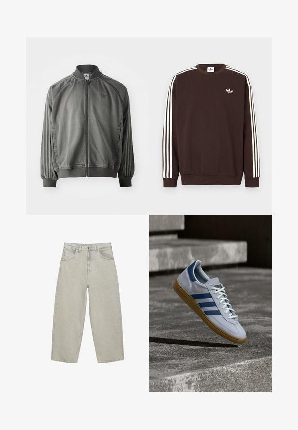 Grå sportsjakke med ribbet krave og manchetter, lynlås i fuld længde, sidelister og et lille logo på brystet. Blød tekstur.; Mørkebrun Adidas-sweatshirt med hvide tre striber langs ærmerne og hvid Adidas trebladet logo på brystet.; Lysegrå vidde jeans i denim med forlommer, bæltestropper og knaplukning, vist fladt på en hvid baggrund.; Lyseblå Adidas Spezial sneakers med marineblå striber og gummisål, vist i luften over betontrapper i et neutralt udendørsmiljø.