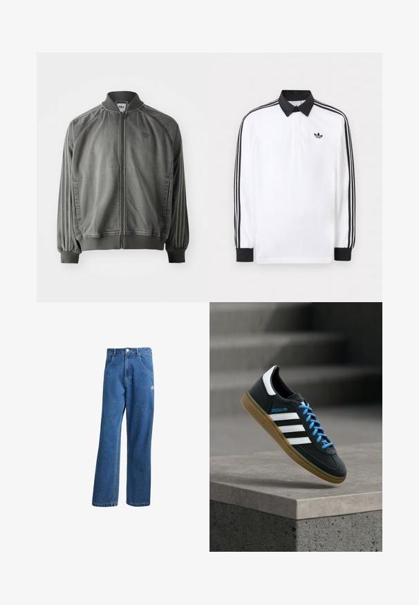 Veste de sport grise avec col et poignets côtelés, fermeture éclair sur toute la longueur, rayures sur les côtés, et un petit logo sur la poitrine. Texture douce.; Polo blanc à manches longues avec col noir, poignets noirs, motif trois bandes noires sur les manches et logo Adidas noir sur la poitrine.; Jean en denim bleu taille haute, jambes larges, avec poches avant, passants de ceinture, fermeture à bouton et petit logo Adidas sur la cuisse droite.; Baskets Adidas noires avec des rayures blanches, des lacets bleus et une semelle en gomme flottant au-dessus d'une marche en béton grise sous une lumière douce.
