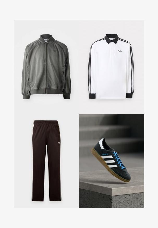 Chaqueta deportiva gris con cuello y puños acanalados, cremallera de longitud completa, rayas laterales y un pequeño logotipo en el pecho. Textura suave.; Polo blanco de manga larga con cuello negro, puños negros, diseño de tres rayas negras en las mangas y logo negro de Adidas en el pecho.; Pantalones de entrenamiento negros de Adidas con cintura elástica, rayas laterales blancas, bolsillos con cremallera y un pequeño logo de trébol en el muslo izquierdo.; Zapatilla negra Adidas con franjas blancas, cordones azules y suela de goma flotando sobre un escalón de hormigón gris con luz suave.