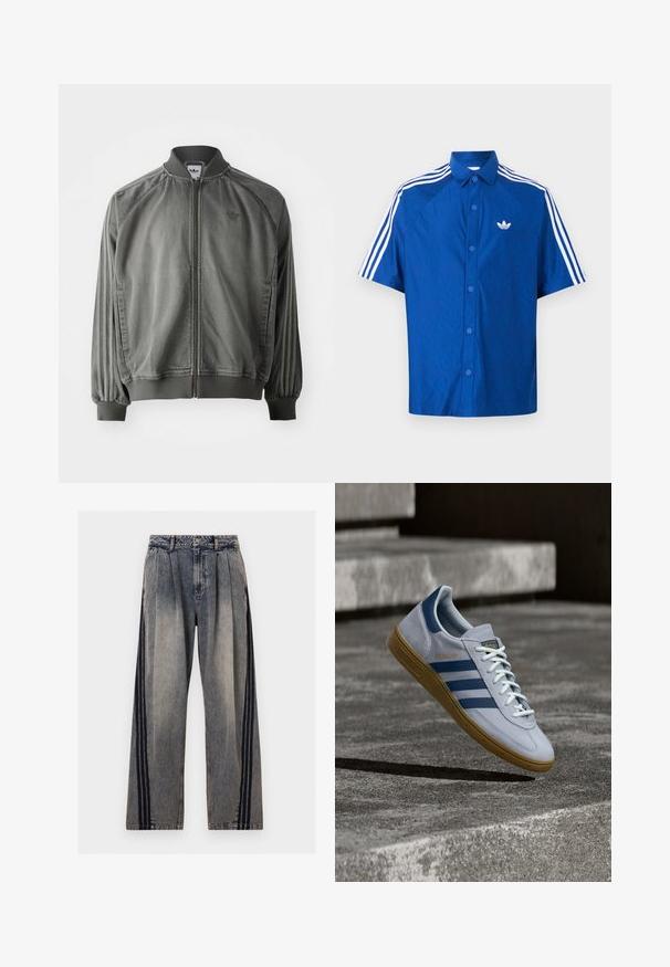 Grå sportsjakke med ribbet krave og manchetter, lynlås i fuld længde, sidelister og et lille logo på brystet. Blød tekstur.; Blå kortærmet skjorte med knapper, med hvid Adidas-logo på brystet og tre hvide striber langs skuldrene og ærmerne.; Højtsiddende, falmede grå denimjeans med læg og sorte lodrette striber langs ydersiden af hvert ben.; Lyseblå Adidas Spezial sneakers med marineblå striber og gummisål, vist i luften over betontrapper i et neutralt udendørsmiljø.