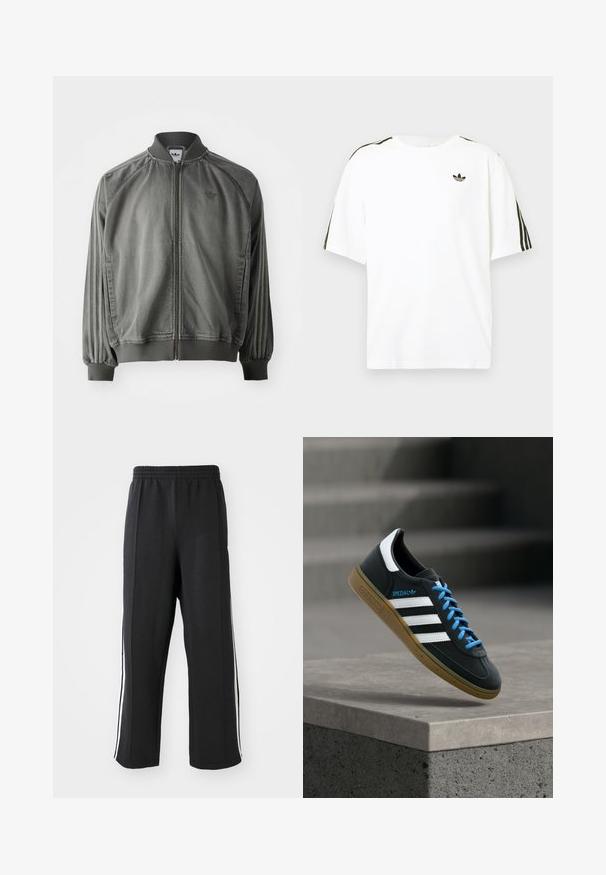 Grå sportsjakke med ribbet krave og manchetter, lynlås i fuld længde, sidelister og et lille logo på brystet. Blød tekstur.; Hvid bomuld t-shirt med korte ærmer, prydet med sorte tre-stribede detaljer på skuldrene og et lille sort logo på brystet.; Sorte sweatpants med elastisk talje, der har hvide sidelister og en afslappet pasform. Lavet af blødt, strækbart stof.; Sort Adidas sneaker med hvide striber, blå snørebånd og gummisål, der svæver over gråt betontrin i blødt lys.