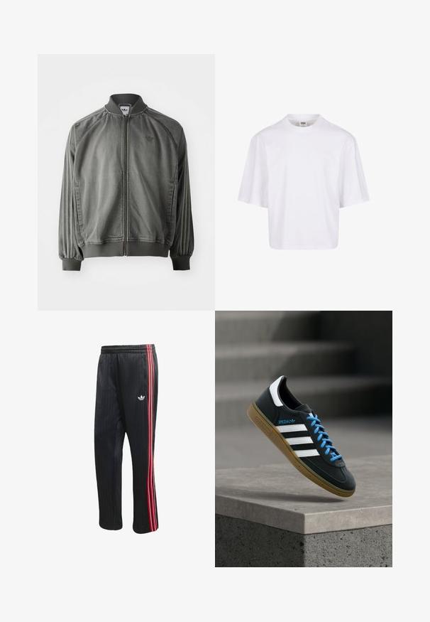 Grijze sportjack met ribgebreide kraag en manchet, ritssluiting over de volle lengte, zijstrepen en een klein logo op de borst. Zachte textuur.; Witte, kortekorte t-shirt met een ronde hals en een ontspannen pasvorm, gemaakt van een zachte katoenmix. Geen patronen of versieringen.; Zwarte trainingsbroek met verticale geribbelde textuur, voorzien van rode en witte zijstrepen en een klein wit logo op het linkerbeen.; Zwarte Adidas-sneaker met witte strepen, blauwe veters en een gumzool die boven een grijze betonnen trede zweeft in zacht licht.