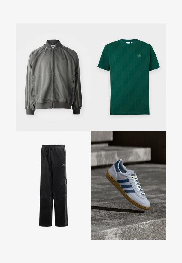 Grå sportsjakke med ribbet krave og manchetter, lynlås i fuld længde, sidelister og et lille logo på brystet. Blød tekstur.; Mørkegrøn T-shirt med korte ærmer og rund hals, med subtile diagonale Adidas Trefoil logoer og et lille Trefoil logo på venstre bryst.; Sorte manchesterbukser med elastisk talje, snøre, sidelomme med cargo, diskret Adidas-logo og tofargede sidelister.; Lyseblå Adidas Spezial sneakers med marineblå striber og gummisål, vist i luften over betontrapper i et neutralt udendørsmiljø.