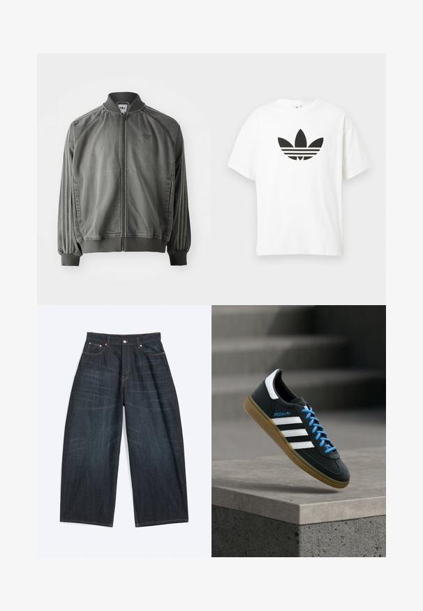 Grijze sportjack met ribgebreide kraag en manchet, ritssluiting over de volle lengte, zijstrepen en een klein logo op de borst. Zachte textuur.; Witte katoenen t-shirt met een groot zwart Adidas trefoil-logo en drie horizontale strepen eronder. Korte mouwen, ronde hals.; Donkerblauwe jeans met wijde pijpen, voorzakken, knoopsluiting en zichtbare stiksels, plat liggend op een witte achtergrond.; Zwarte Adidas-sneaker met witte strepen, blauwe veters en een gumzool die boven een grijze betonnen trede zweeft in zacht licht.