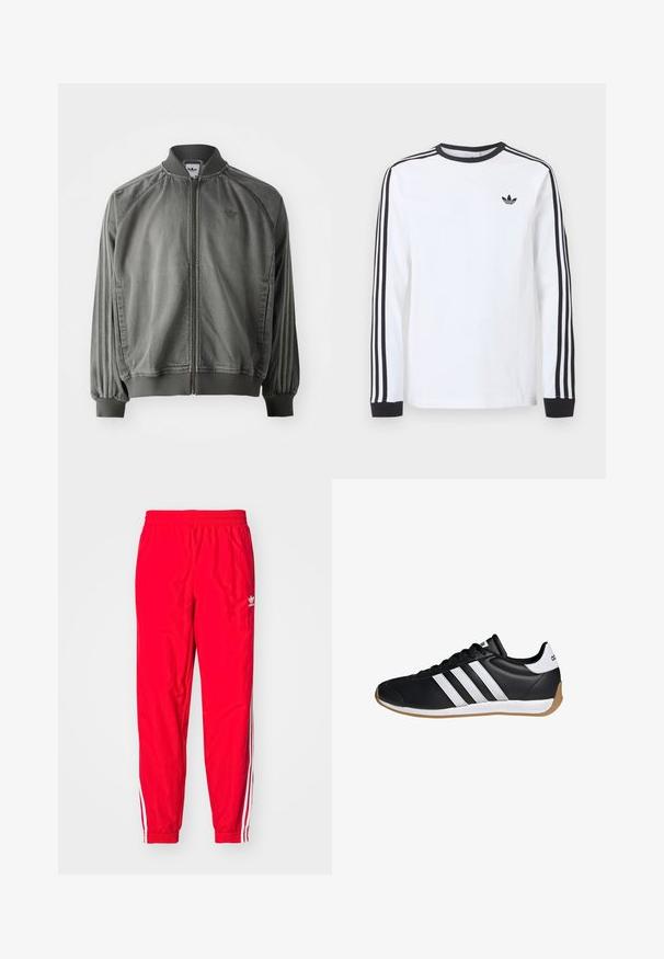Grå sportsjakke med ribbet krave og manchetter, lynlås i fuld længde, sidelister og et lille logo på brystet. Blød tekstur.; Hvid langærmet Adidas-trøje med sort rund hals, sorte manchetter, tre sorte striber ned langs ærmerne og sort trekløverlogo på brystet.; Røde sportstræningsbukser med elastisk talje, hvide stribede detaljer langs siderne og et lille hvidt logo på venstre lår.; Sort lav-sneaker med hvide tre striber, sorte snørebånd, hvid hælflig og gummifarvet sål, set fra siden.