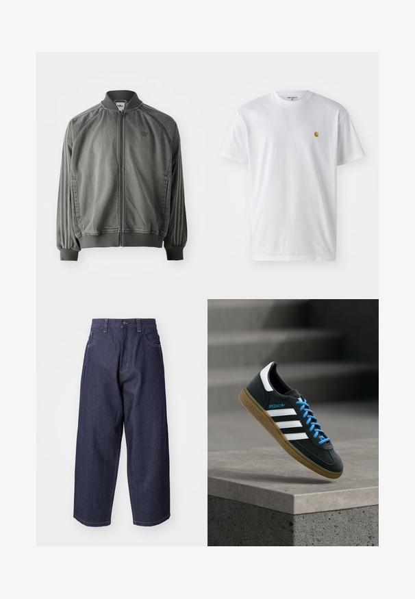 Grå sportsjakke med ribbet krave og manchetter, lynlås i fuld længde, sidelister og et lille logo på brystet. Blød tekstur.; Hvid bomulds t-shirt med korte ærmer, rund hals og et lille guld logo på venstre brystområde. Blød tekstur og almindelig pasform.; Mørkeblå denim jeans med en løs, bred ben-design. Funktioner inkluderer en knaplukning, frontlommer og synlige stikninger.; Sort Adidas sneaker med hvide striber, blå snørebånd og gummisål, der svæver over gråt betontrin i blødt lys.