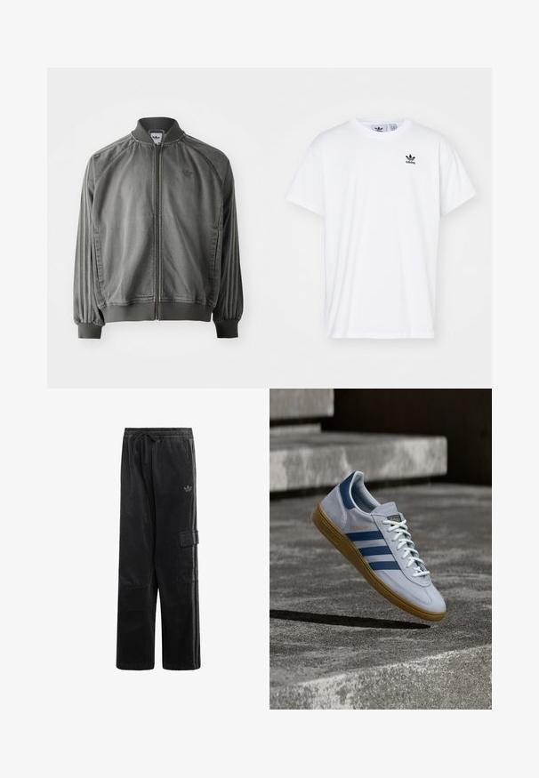 Chaqueta deportiva gris con cuello y puños acanalados, cremallera de longitud completa, rayas laterales y un pequeño logotipo en el pecho. Textura suave.; Camiseta blanca de algodón con mangas cortas, escote redondo y un logo negro de Adidas con tres franjas en la zona del lado izquierdo del pecho.; Pantalones negros de pana con cintura elástica, cordón ajustable, bolsillo cargo lateral, logo sutil de Adidas y rayas laterales bicolor.; Zapatilla Adidas Spezial azul claro con rayas azul marino y suela de goma, mostrada en el aire sobre escalones de hormigón en un entorno exterior neutral.