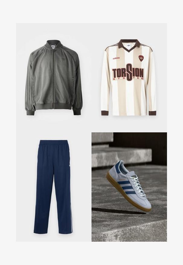 Chaqueta deportiva gris con cuello y puños acanalados, cremallera de longitud completa, rayas laterales y un pequeño logotipo en el pecho. Textura suave.; Camiseta de fútbol de manga larga con rayas beige y blancas; cuenta con un cuello y puños marrones, un gran logo rojo "TORSION SYSTEM" y la marca adidas.; Pantalones deportivos azul marino con acabado texturizado, cintura elástica y franjas blancas laterales. Presentan un corte recto y sin bolsillos.; Zapatilla Adidas Spezial azul claro con rayas azul marino y suela de goma, mostrada en el aire sobre escalones de hormigón en un entorno exterior neutral.