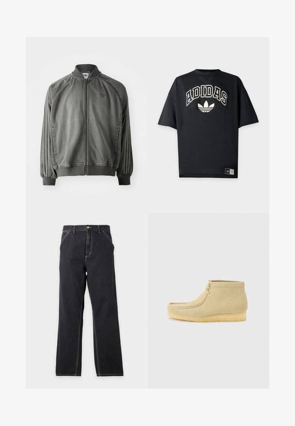 Harmaa urheilu takki, jossa on ribbikangas kaulus ja hihansuut, täyspitkä vetoketju, sivusaumat ja pieni logo rinnassa. Pehmeä rakenne.; Musta lyhythihainen Adidas-urheilupaita, jossa on rei'itetty kangas, valkoinen Adidas-teksti ja kolmilehtinen logo edessä sekä tuotemerkin etiketti helman lähellä.; Musta suoralahkeiset farkut, joissa on etutaskut, vyölenkit ja näkyvä valkoinen ommel yksivärisellä vaaleanharmaalla taustalla.; Beigea mokkanahkainen nilkkapituiset mokkasiinit kreppipohjalla ja nauhakiinnityksellä, yksinkertaisen vaaleanharmaan taustan edessä.