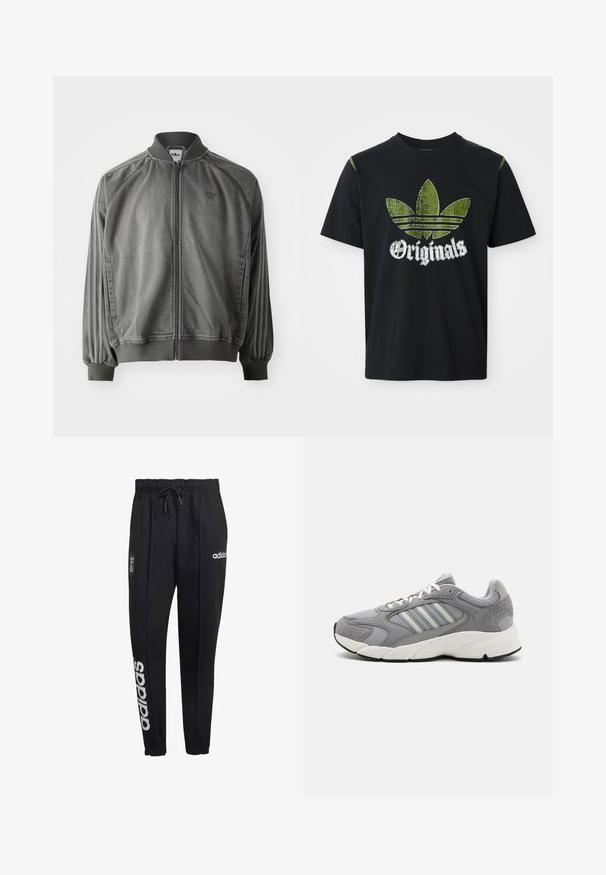 Grijze sportjack met ribgebreide kraag en manchet, ritssluiting over de volle lengte, zijstrepen en een klein logo op de borst. Zachte textuur.; Zwarte katoenen t-shirt met een versleten groene grafiek met drie strepen en het woord "Originals" hieronder in het wit, ronde halslijn, korte mouwen.; Zwarte Adidas trainingsbroek met elastische tailleband en boorden, witte Adidas-logo op de dij en grote verticale tekst op het linkerbeen, Liverpool FC-wapen aan de zijkant.; Grijze sportieve schoen van mesh en suède materialen, met witte veters, een gevoerde kraag en een massieve witte tussenzool met gestructureerde accenten.