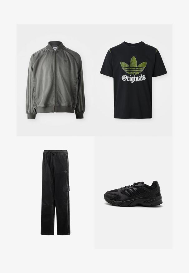 Grijze sportjack met ribgebreide kraag en manchet, ritssluiting over de volle lengte, zijstrepen en een klein logo op de borst. Zachte textuur.; Zwarte katoenen t-shirt met een versleten groene grafiek met drie strepen en het woord "Originals" hieronder in het wit, ronde halslijn, korte mouwen.; Zwarte corduroy broek met elastische tailleband, trekkoord, zijzak met cargofunctie, subtiel Adidas-logo en tweekleurige zijstrepen.; Zwarte sportieve schoenen met een combinatie van ademend mesh en synthetische materialen. Kenmerkende gestructureerde zool en drie zwarte strepen aan de zijkant.