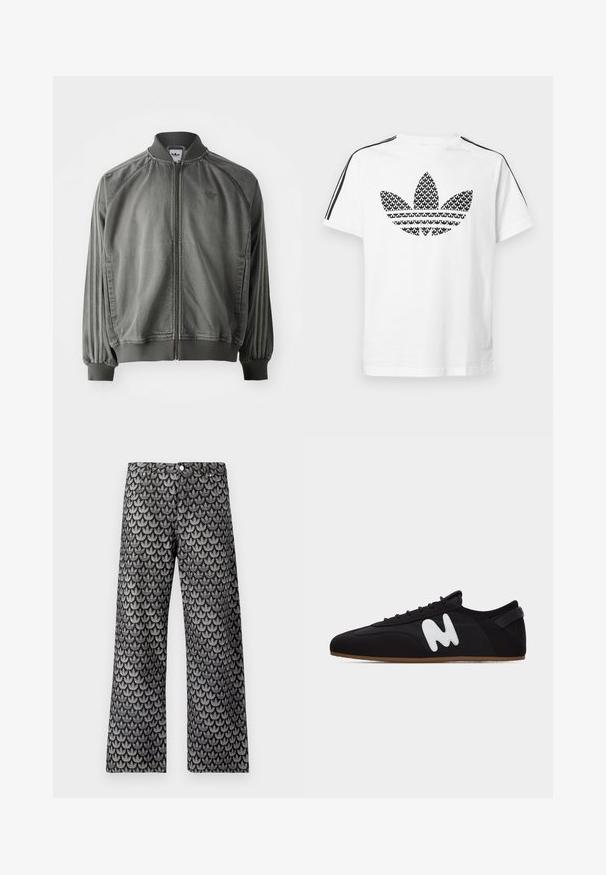 Chaqueta deportiva gris con cuello y puños acanalados, cremallera de longitud completa, rayas laterales y un pequeño logotipo en el pecho. Textura suave.; Camiseta blanca de algodón con un logo gráfico negro de trébol en el frente, con franjas negras a lo largo de los hombros como detalle.; Pantalones de pierna ancha en negro y gris con un patrón texturizado de hojas. Presentan un diseño clásico de cinco bolsillos y cierre con botón metálico.; Zapatilla negra de corte bajo con suela delgada marrón y logo estilizado "M" blanco en el lado, vista desde la izquierda.