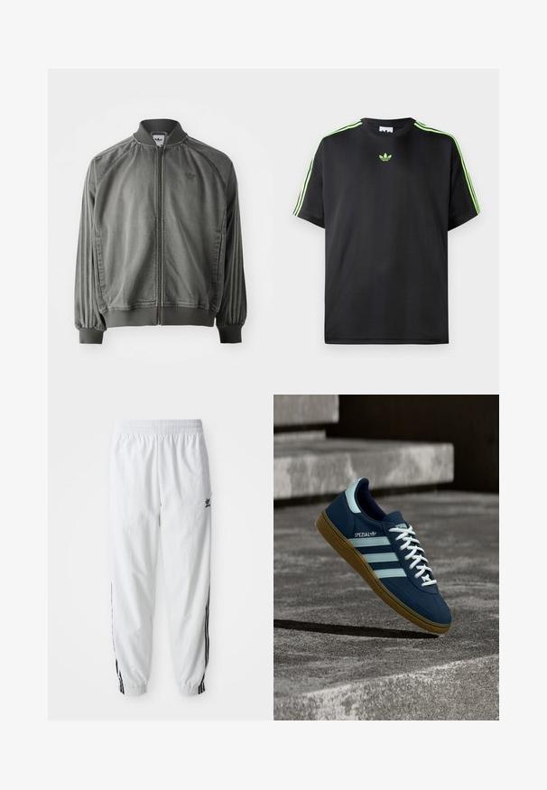 Grå sportsjakke med ribbet krave og manchetter, lynlås i fuld længde, sidelister og et lille logo på brystet. Blød tekstur.; Sort T-shirt lavet af glat stof med rund halsudskæring, der har tre grønne striber på skuldrene og et lille grønt logo på brystet.; Hvide træningsbukser med sorte sidelister, elastisk talje og manchetter; har Adidas-logoet på venstre lår. Glat stoftekstur.; Blå Adidas Spezial sneaker med hvide striber og snørebånd, gummisål, svævende over en ru betongoverflade og trin i baggrunden.