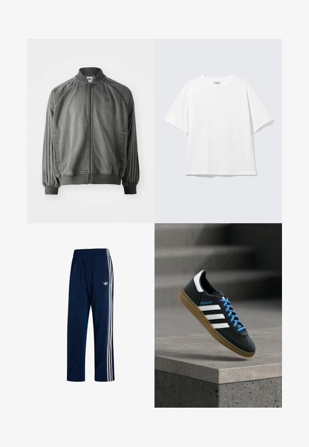 Grijze sportjack met ribgebreide kraag en manchet, ritssluiting over de volle lengte, zijstrepen en een klein logo op de borst. Zachte textuur.; Witte oversized T-shirt met korte mouwen, ronde hals en verlaagde schouders, plat op een lichtgrijze achtergrond.; Marineblauwe Adidas trainingsbroek met witte drie strepen aan de zijkanten en een elastische tailleband, met een wit trefoil-logo op de linker dij.; Zwarte Adidas-sneaker met witte strepen, blauwe veters en een gumzool die boven een grijze betonnen trede zweeft in zacht licht.