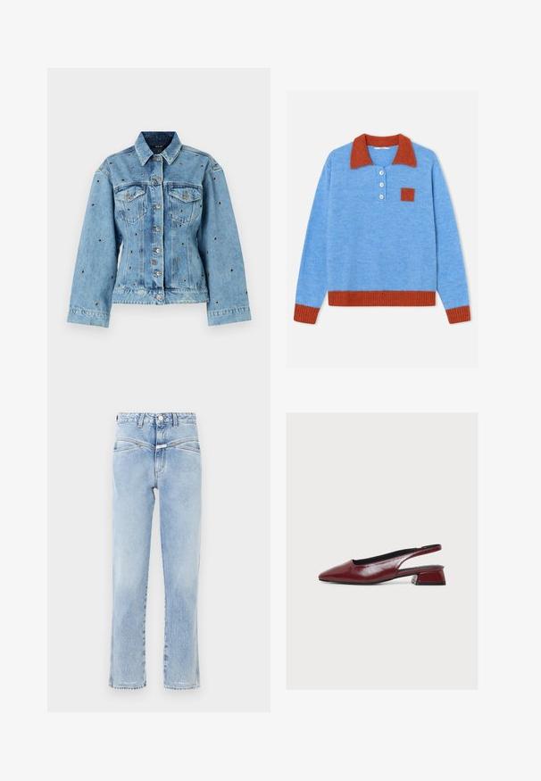 Hellblaue Jeansjacke mit einem kragenlosen Ausschnitt, Knopfverschluss und zwei Brusttaschen; mit metallischen Nietenakzenten durchgehend.; Blauer Strickpullover mit rotem Kragen, drei Knöpfen und einer roten aufgesetzten Tasche. Gerippte Bündchen und Saum in kontrastierendem Rot.; Hellblaue Denim-Jeans mit hoher Taille und geradem Schnitt. Verfügt über dezente Ausbleichungen, klassisches Fünf-Taschen-Design und einen Metallknopfverschluss.; Burgunderrote Slingback-Lederschuhe mit spitzer Vorderkappe und niedrigem Blockabsatz, im Seitenprofil auf weißem Hintergrund.