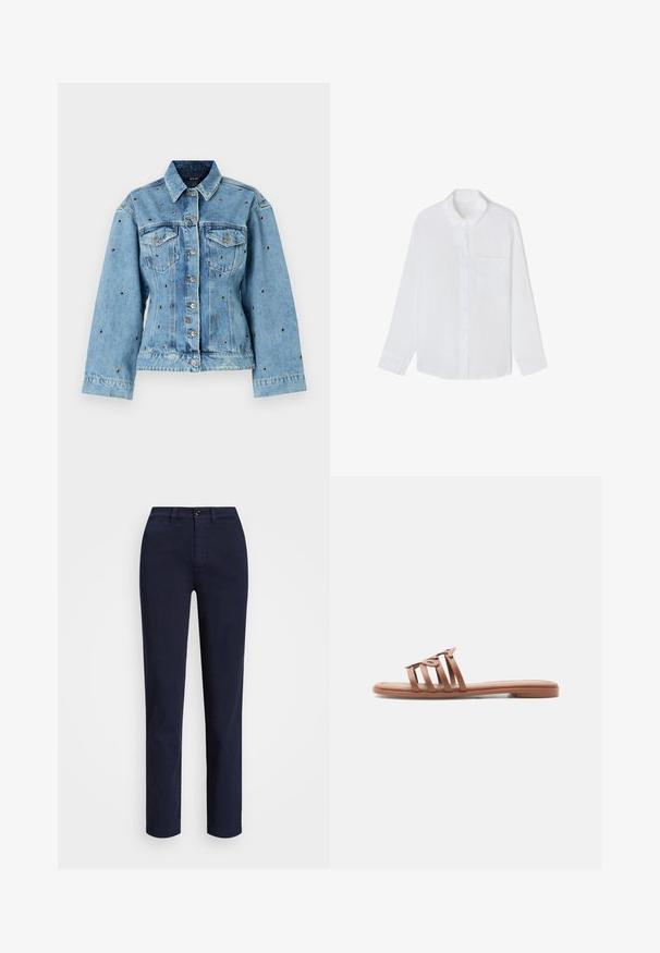 Chaqueta de denim de color azul claro con cuello, cierre de botones y dos bolsillos en el pecho; presenta detalles de tachuelas metálicas en toda la prenda.; Camisa blanca de manga larga con botones, cuello y un único bolsillo en el pecho, extendida sobre un fondo blanco.; Lauren Ralph Lauren SLIM FIT STRETCH CHINO PANT - Pantalones chinos - navy; Sandalia plana marrón con cuatro tiras delgadas, una de ellas con un detalle decorativo en forma de lazo, mostrada de perfil sobre un fondo blanco.