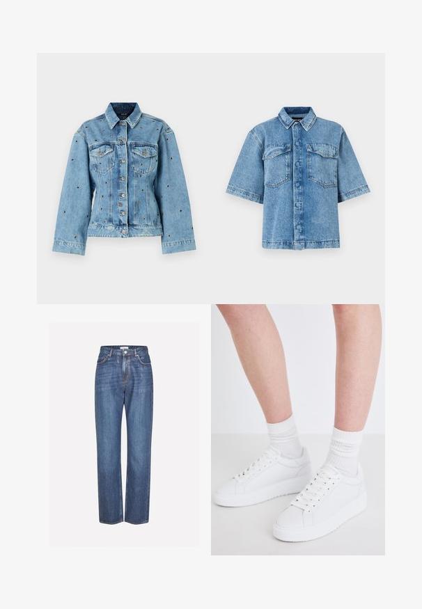 Chaqueta de denim de color azul claro con cuello, cierre de botones y dos bolsillos en el pecho; presenta detalles de tachuelas metálicas en toda la prenda.; Camisa de denim de manga corta en azul claro, con cuello extendido, dos bolsillos en el pecho y cierre frontal con botones, de corte relajado y costuras visibles.; Vaqueros de denim azul claro con un diseño de pierna recta, que presentan un cierre de botón, un estilo de cinco bolsillos y un ligero desgaste en la tela.; Copenhagen Studios CPH72 - Zapatillas - white